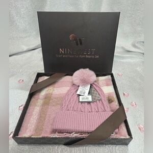 Nine West Mauve Pom Beanie and Plaid Scarf Set